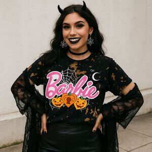 Barbie Halloween Graphic Shirt Bleach Tie Dye Pumpkin Short Sleeve Pullover Tee